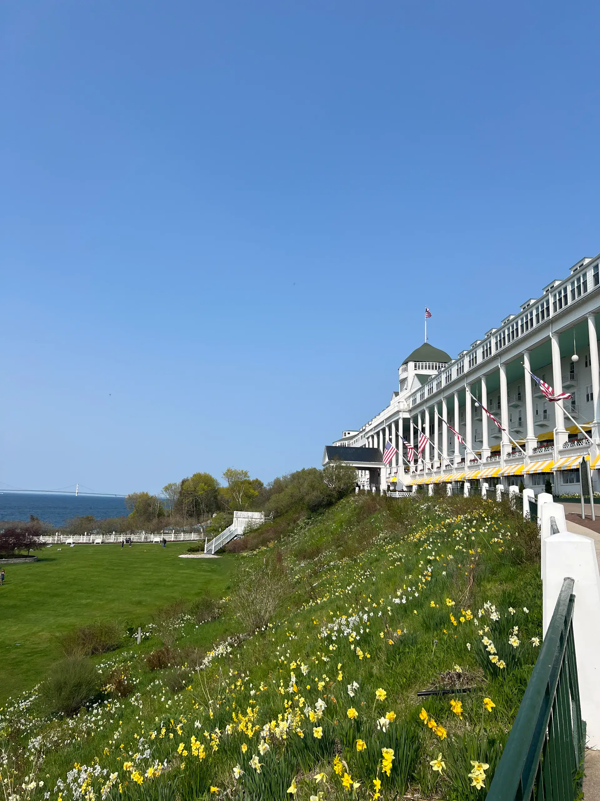 The Grand Hotel on Mackinac Island with spring daffodils