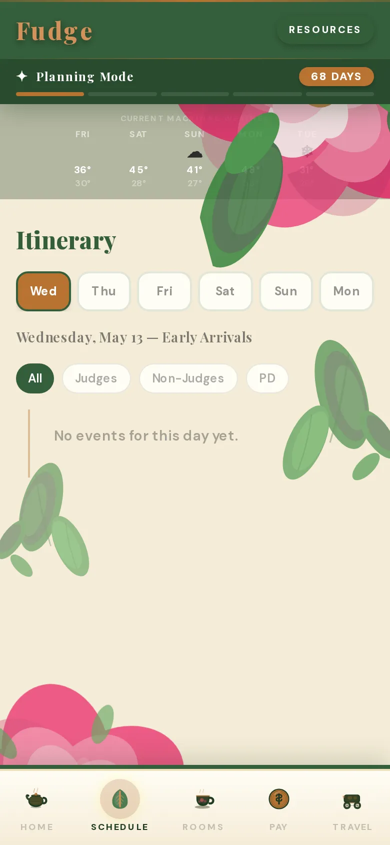 Itinerary page with day tabs and role filters