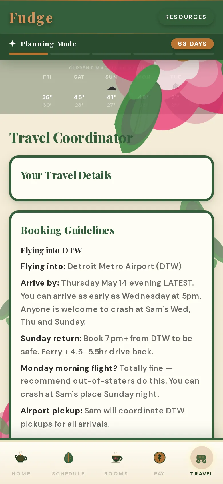 Travel coordinator with booking guidelines