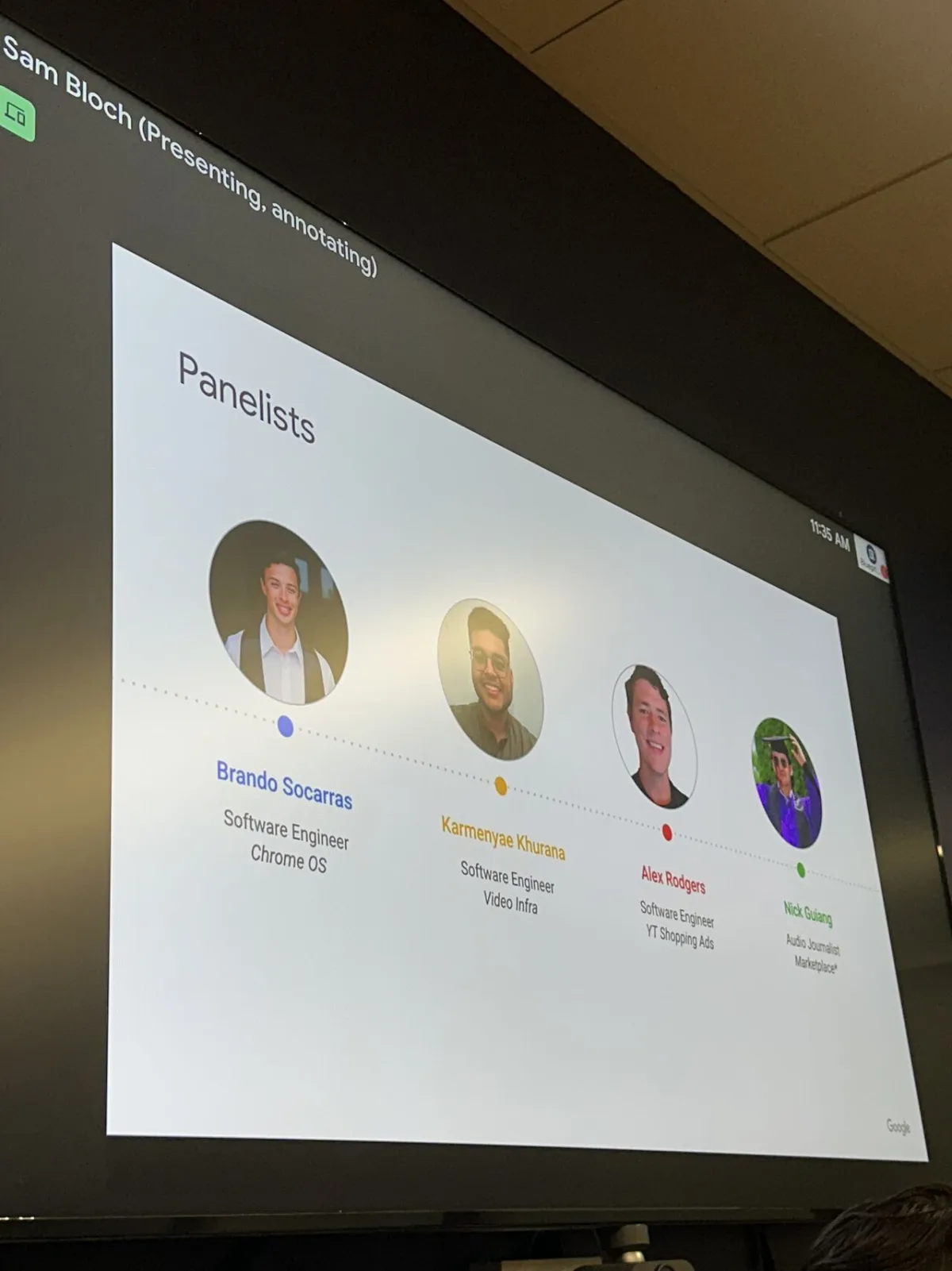 Google panelist slide showing Sam Bloch presenting