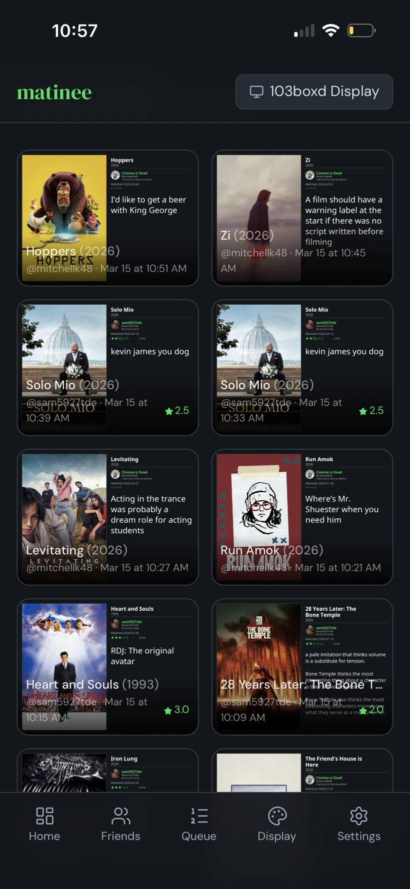 Matinee companion app — the review feed