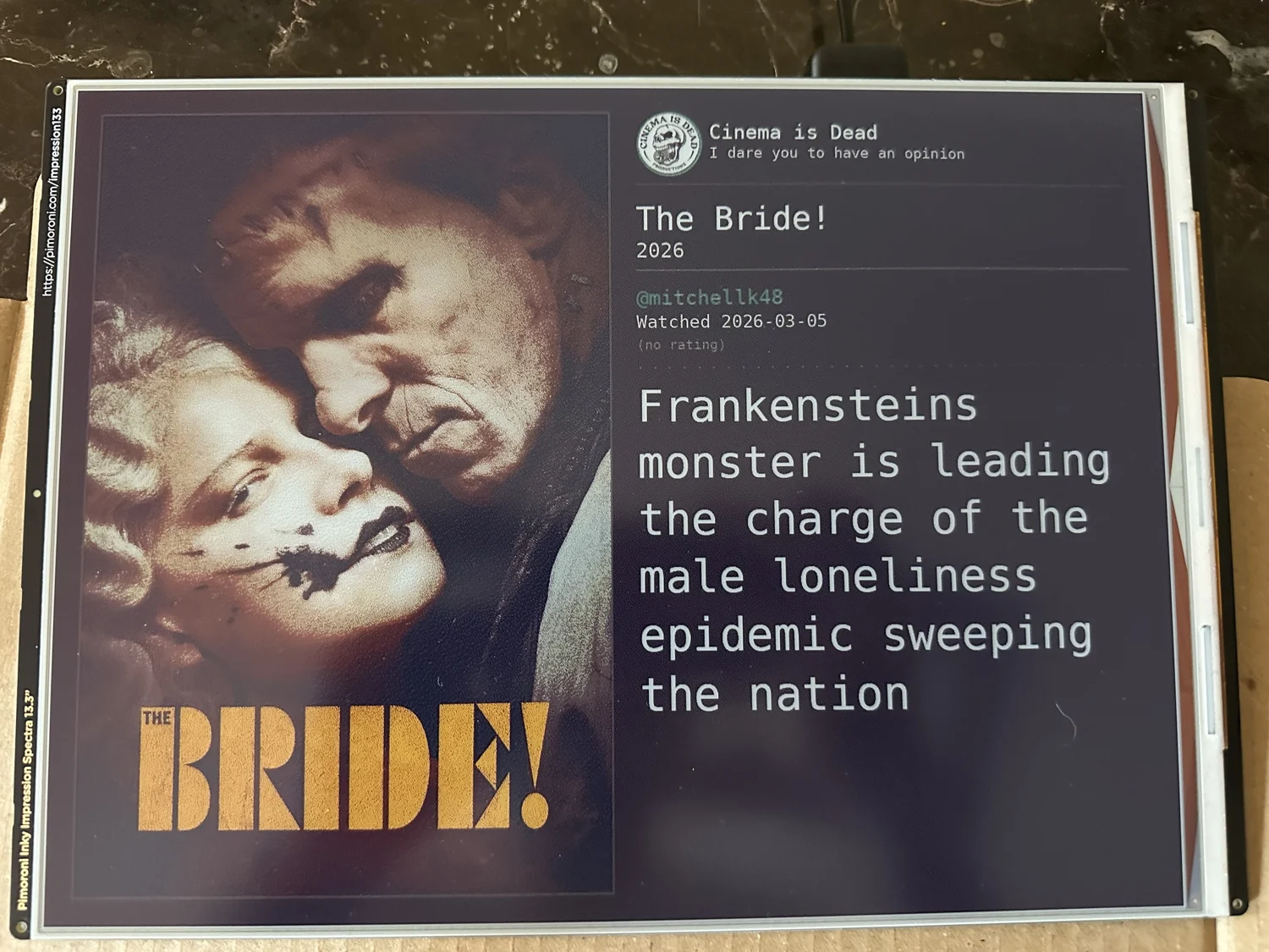Close-up of the Matinee e-ink panel showing a review of The Bride