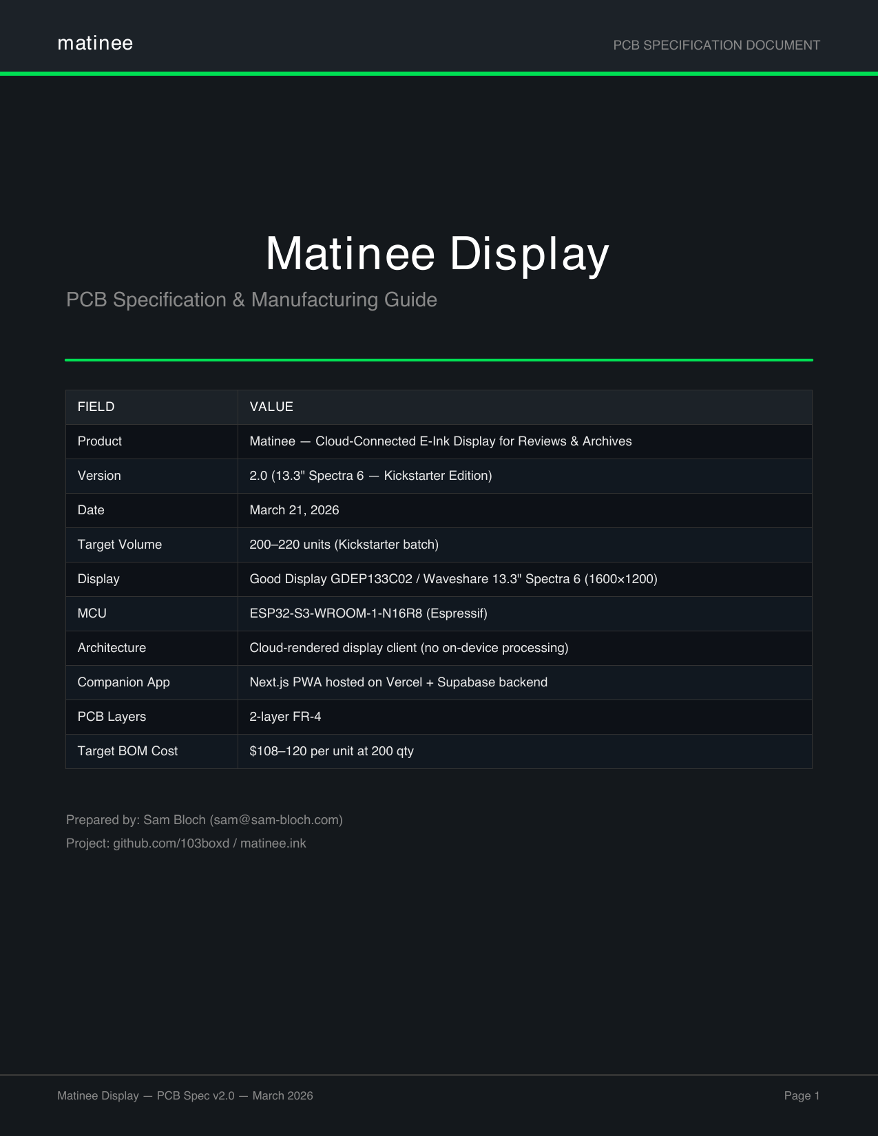 Matinee PCB specification document cover