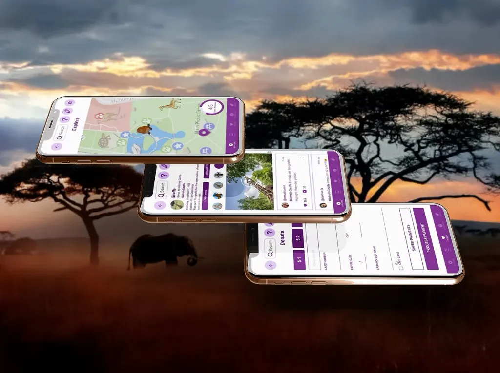 Detroit Zoo AR App — Explore, Giraffe profile, and Donate screens